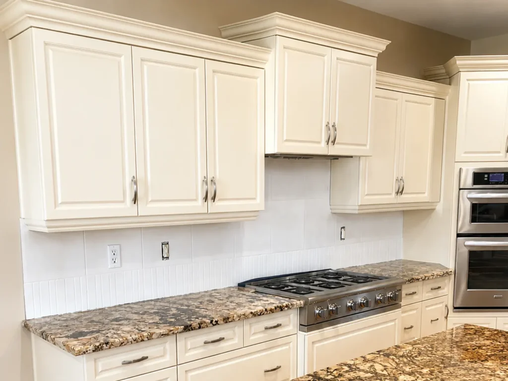 Freshly painted cream kitchen cabinets with granite countertops, stainless steel appliances, and a large island in a modern Calgary home.